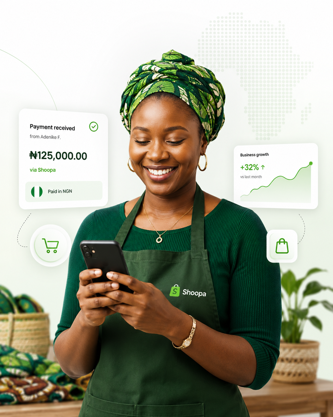 African business owner receiving automated Shoopa payment notification and order update